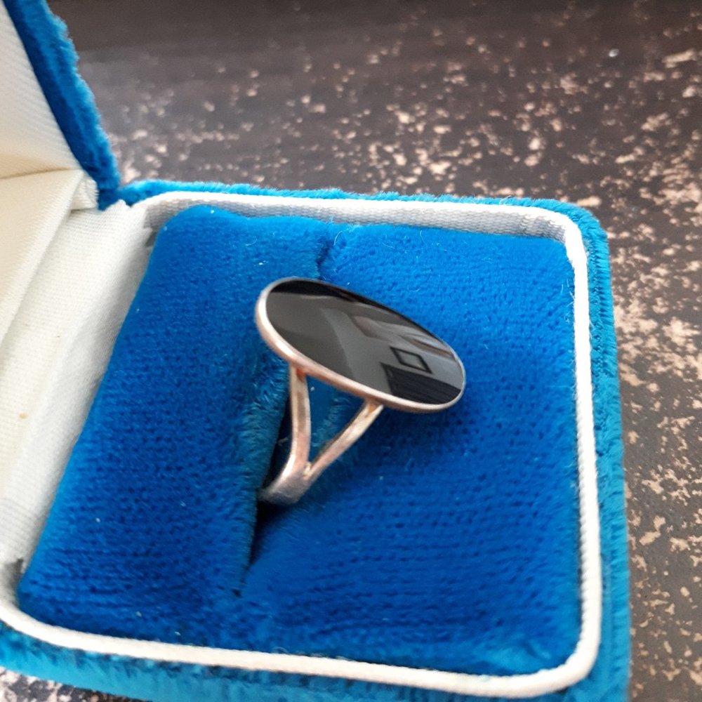 Ring Sterling Silver set with Black Onyx - Antique - Sz. 4 - Picture 2 of 3